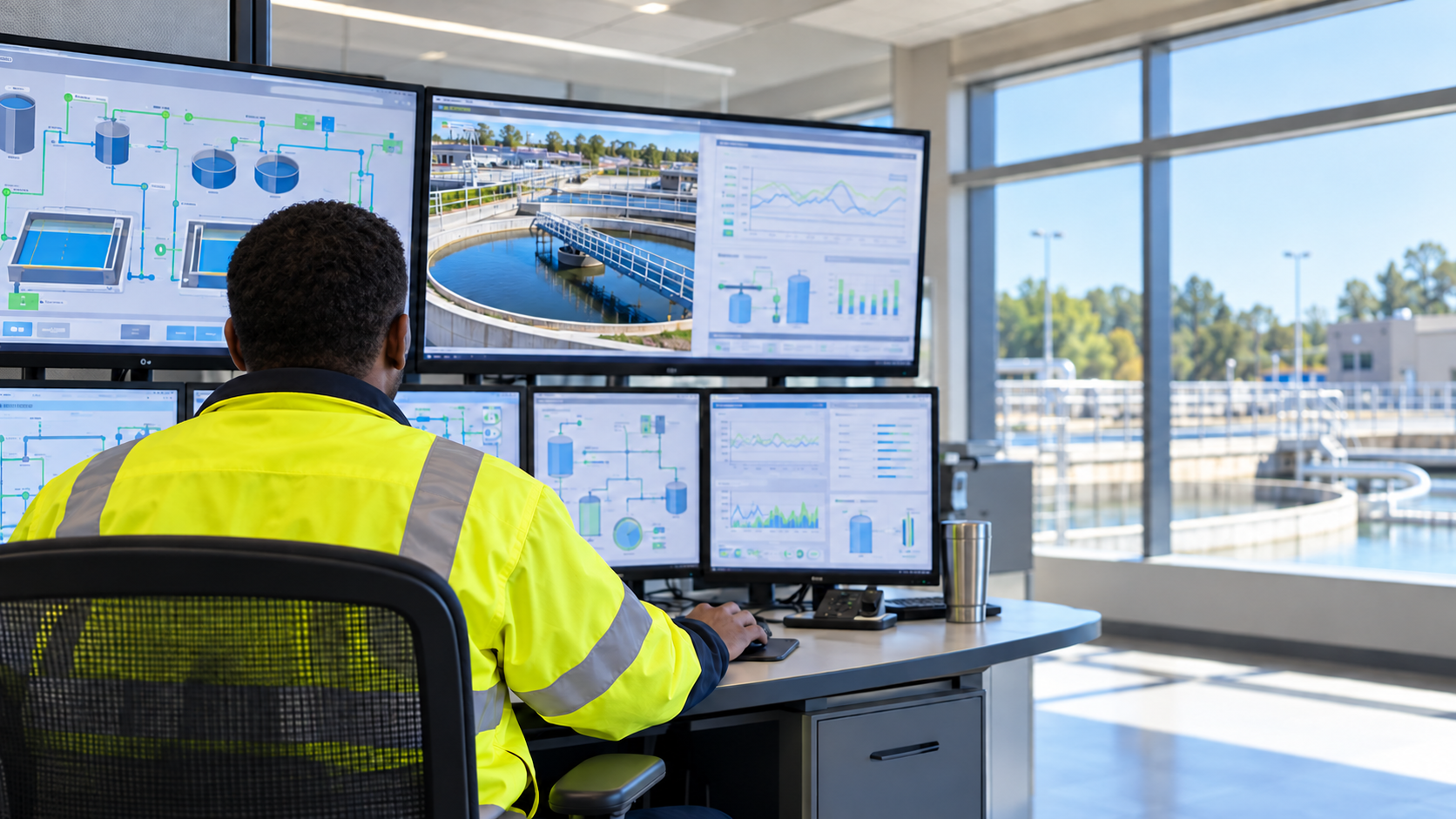African American water utility professional monitoring treatment operations
